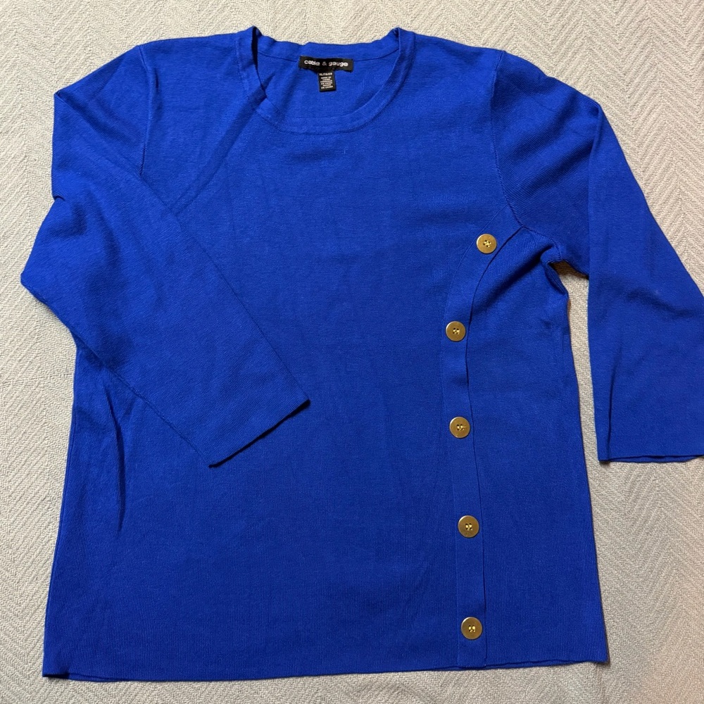 Cable & Gauge Blue Sweater with Gold Buttons